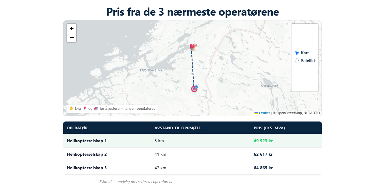 Screenshot of The Calculators – price estimate with map and pricing from the three nearest operators